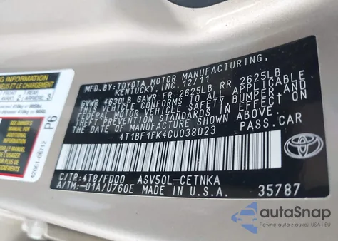 2012 Toyota Camry Le из США, поврежденный, VIN 4T1BF1FK4CU038023